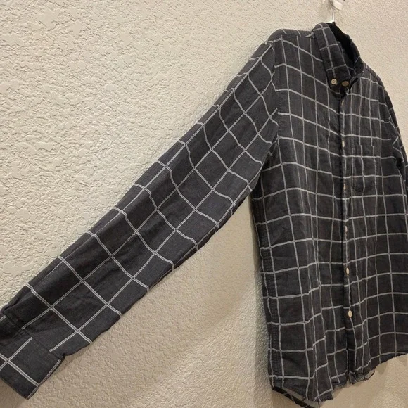 Folk Mens Windowpane Check Button Down Shirt Charcoal Grey Cotton Size 4 L - Picture 2 of 9